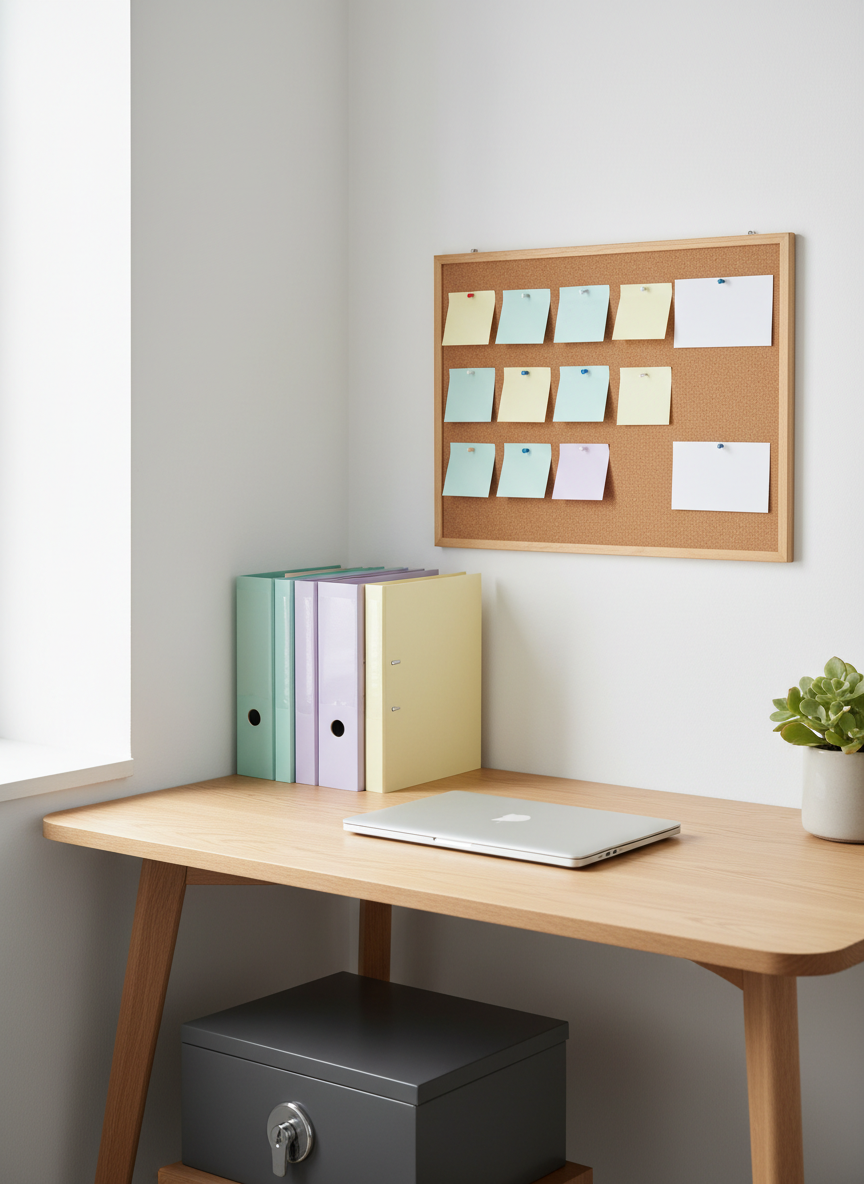 A clean, modern home office corner featuring a light oak desk with smooth edges, a closed silver laptop, a neatly stacked pile of pastel folders, and a sturdy lockable filing box. A corkboard on the wall displays color-coded sticky notes and blank index cards with pins, all free of visible text. A small, thriving potted plant adds a touch of green. Soft, diffused daylight enters from an unseen window, casting gentle, even light with minimal shadows. Photographic realism with a slightly elevated angle and balanced composition, conveying organization, privacy, and quiet focus as someone plans their next practical steps in rebuilding their life.