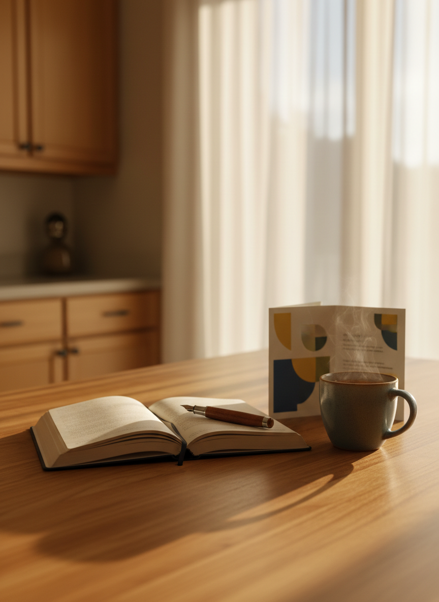 A warmly lit kitchen table made of natural wood, its surface smooth and slightly textured, arranged with a blank open journal, an uncapped pen resting across the spine, and a simple ceramic mug filled with tea. Beside them, a folded printed brochure with abstract shapes stands upright, its pages turned just enough to imply helpful information without any readable text. In the background, soft-focus cabinets and a window with sheer curtains glow with late-afternoon sunlight. Photographic realism at eye level with a shallow depth of field, creating a calm, supportive atmosphere that suggests access to information, guidance, and time to reflect in safety.