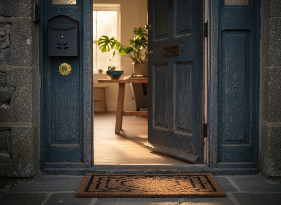 A sturdy, well-worn wooden front door slightly ajar, revealing the edge of a bright, calm interior. On the outside, a small metal mailbox and a simple doorbell are mounted beside a neat doormat. Just inside the doorway, a tidy entry table holds a ceramic bowl for keys, a closed notebook, and a single houseplant with glossy green leaves. Soft morning light from a side window gently fills the hallway, creating a sense of safety and welcome. Photographic realism, eye-level composition with shallow depth of field, the open door in sharp focus and the background softly blurred, evoking the moment of stepping into a new, secure chapter of life.